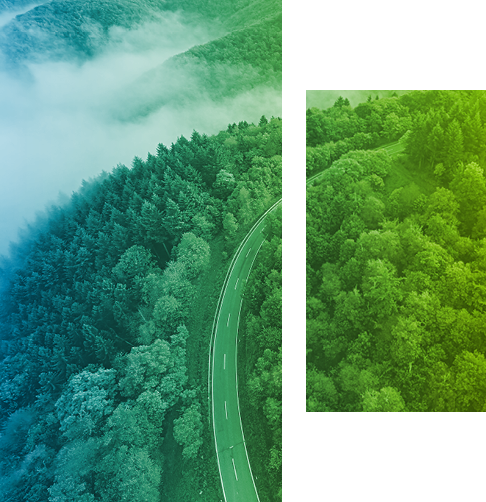 Aerial view of a road winding through a mountain forest. 