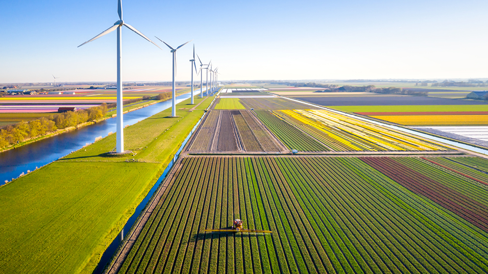 An ariel view of several farms and windmills