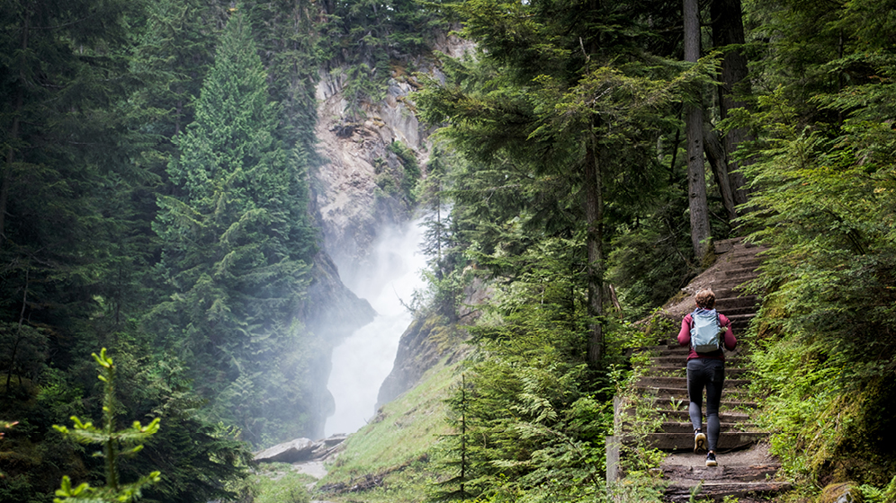 Female hiker walking up stairs within a forest while admiring a waterfall. 