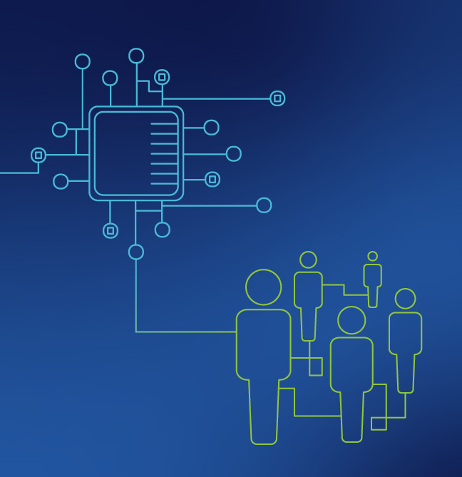 Decorative image of circuit boards and people