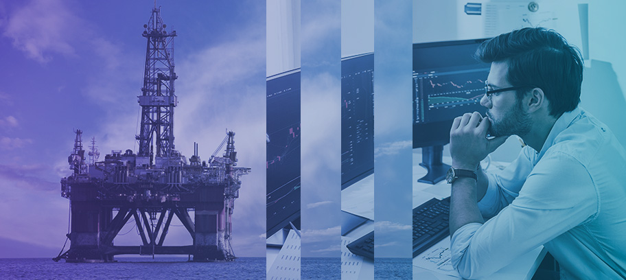 Offshore oil rig combined with young investment professional studying charts on computer screens.