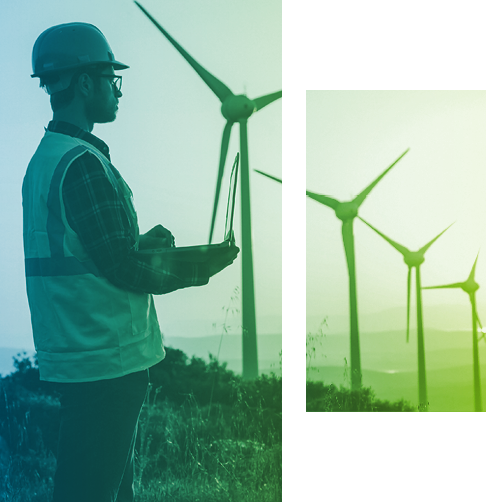 An engineer looks over a field of windmills. 
