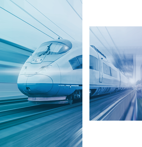 Modern bullet train speeding along the tracks. 